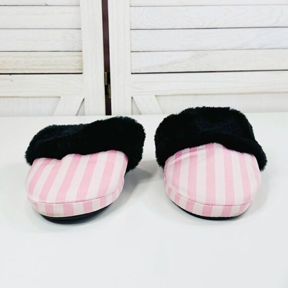 Victoria’s Secret Faux Fur Trim Striped Slippers Pink Black Large - Picture 3 of 11